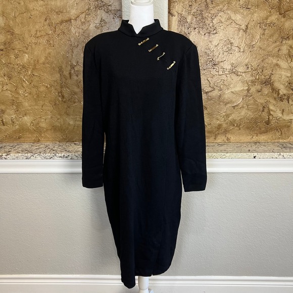 St. John Santana Knit Dress 14 Black Long Sleeve Gold Bar Accents Mock Neck READ - Picture 2 of 12